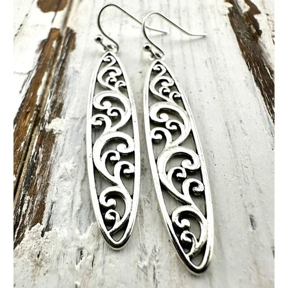 Silver Tone Carved Filigree Skinny Oval Earrings - Picture 2 of 3